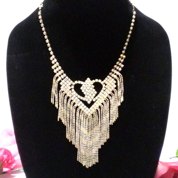 Vintage Aurora Borealis Rhinestone Chain Fringe Statement Necklace - Picture 2 of 8